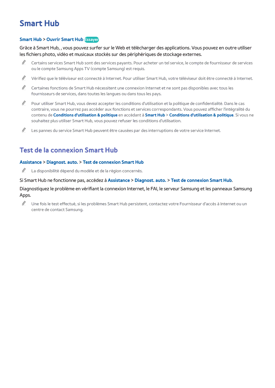 Samsung UE55H6203AWXZF, UE48H5003AWXZF manual Test de la connexion Smart Hub, Smart Hub Ouvrir Smart Hub Essayer 