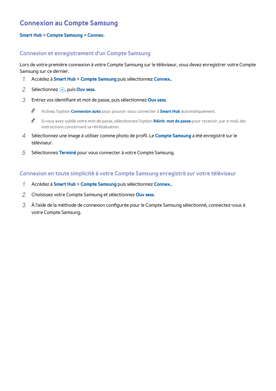 Samsung UE48H4203AWXZF, UE48H5003AWXZF manual Connexion au Compte Samsung, Connexion et enregistrement dun Compte Samsung 