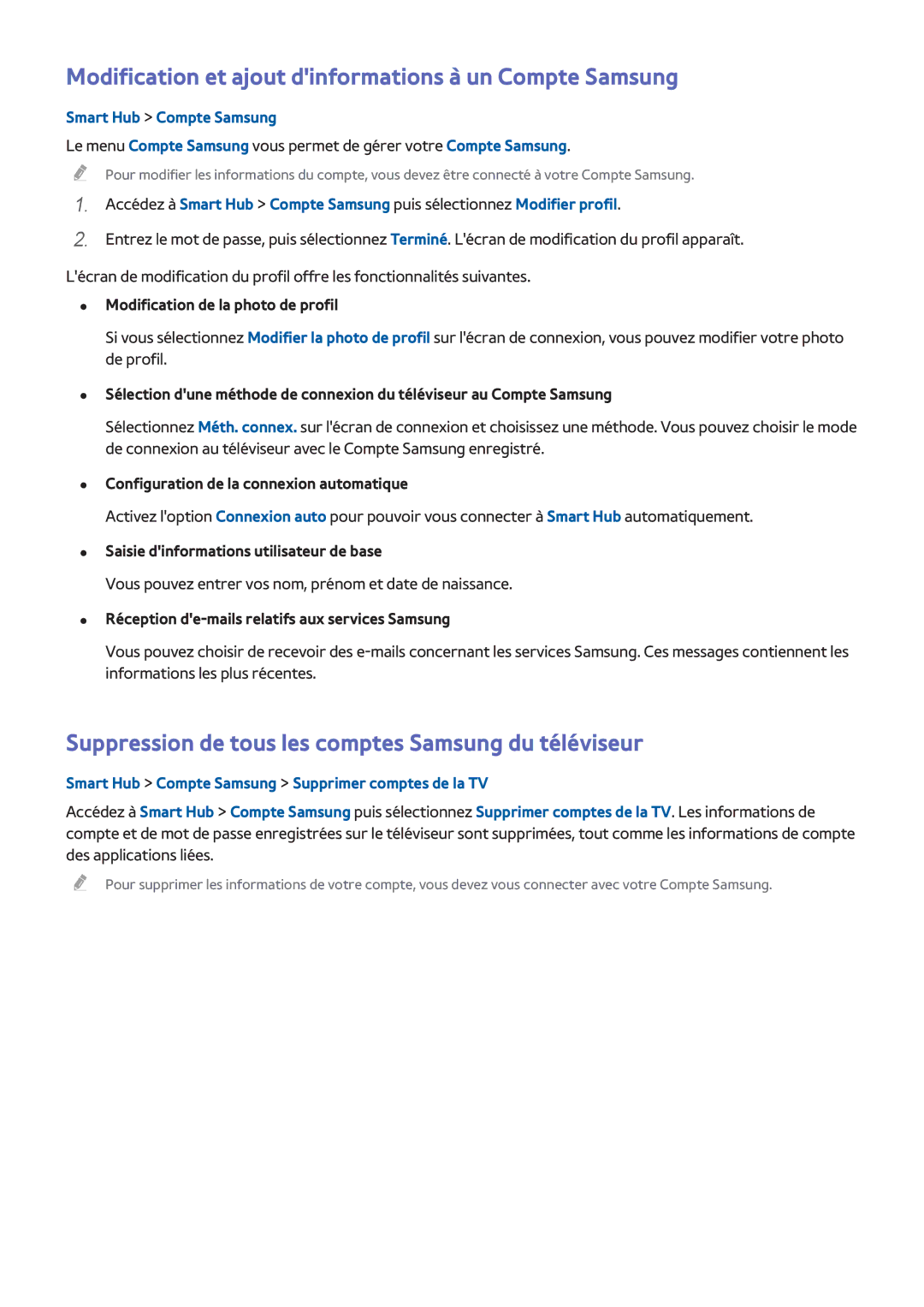 Samsung UE48H5003AWXZF, UE40H4203AWXZF Modification et ajout dinformations à un Compte Samsung, Smart Hub Compte Samsung 