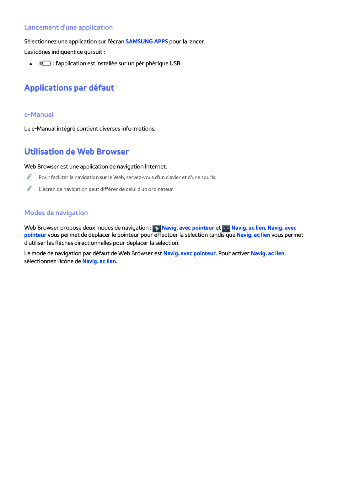 Samsung UE40H5303AWXZF manual Applications par défaut, Utilisation de Web Browser, Lancement dune application, Manual 