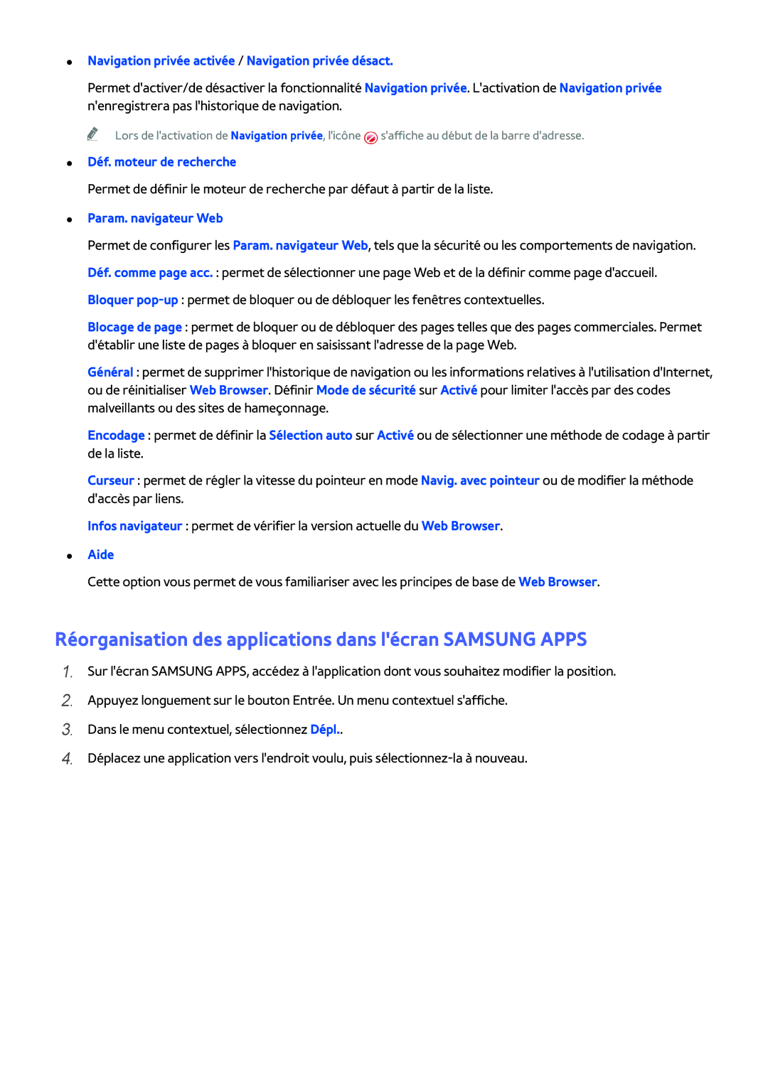 Samsung UE58H5203AWXZF manual Réorganisation des applications dans lécran Samsung Apps, Déf. moteur de recherche, Aide 