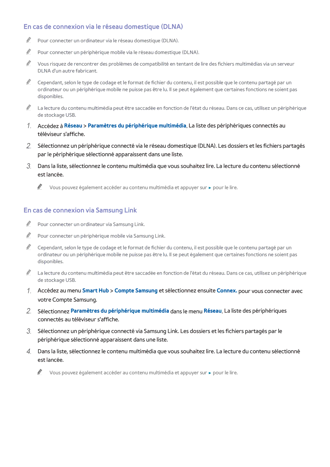 Samsung UE58H5203AWXZF manual En cas de connexion via le réseau domestique Dlna, En cas de connexion via Samsung Link 