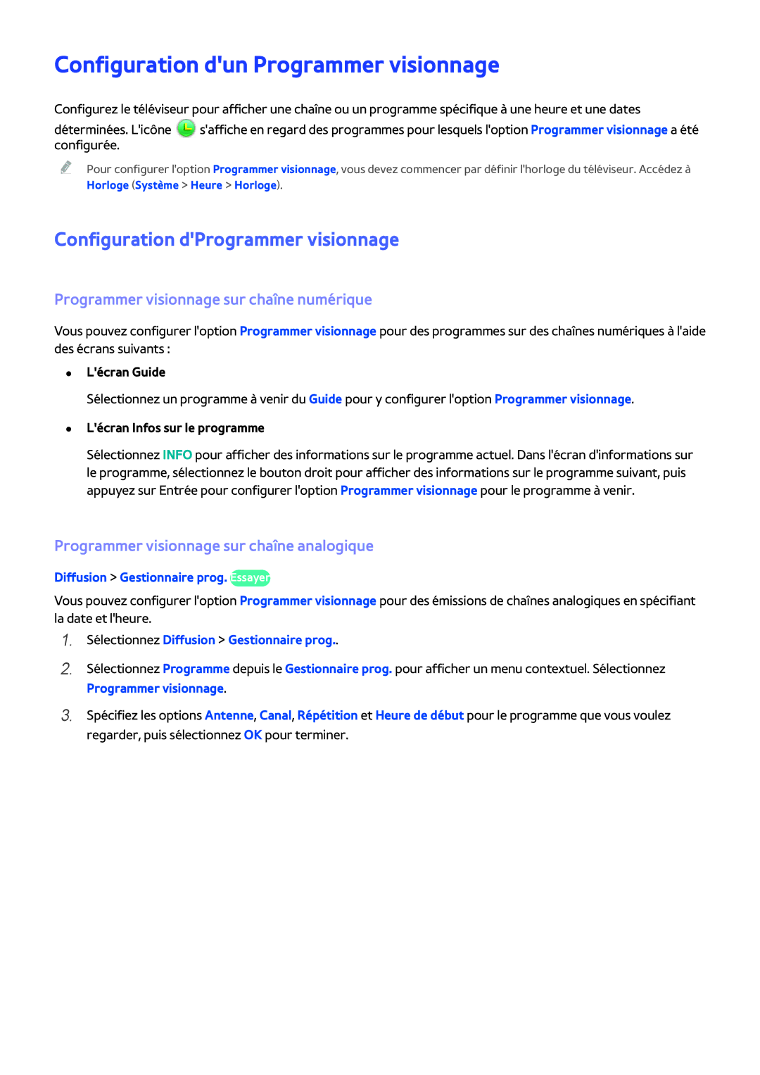 Samsung UE60H6203AWXZF, UE48H5003AWXZF manual Configuration dun Programmer visionnage, Configuration dProgrammer visionnage 