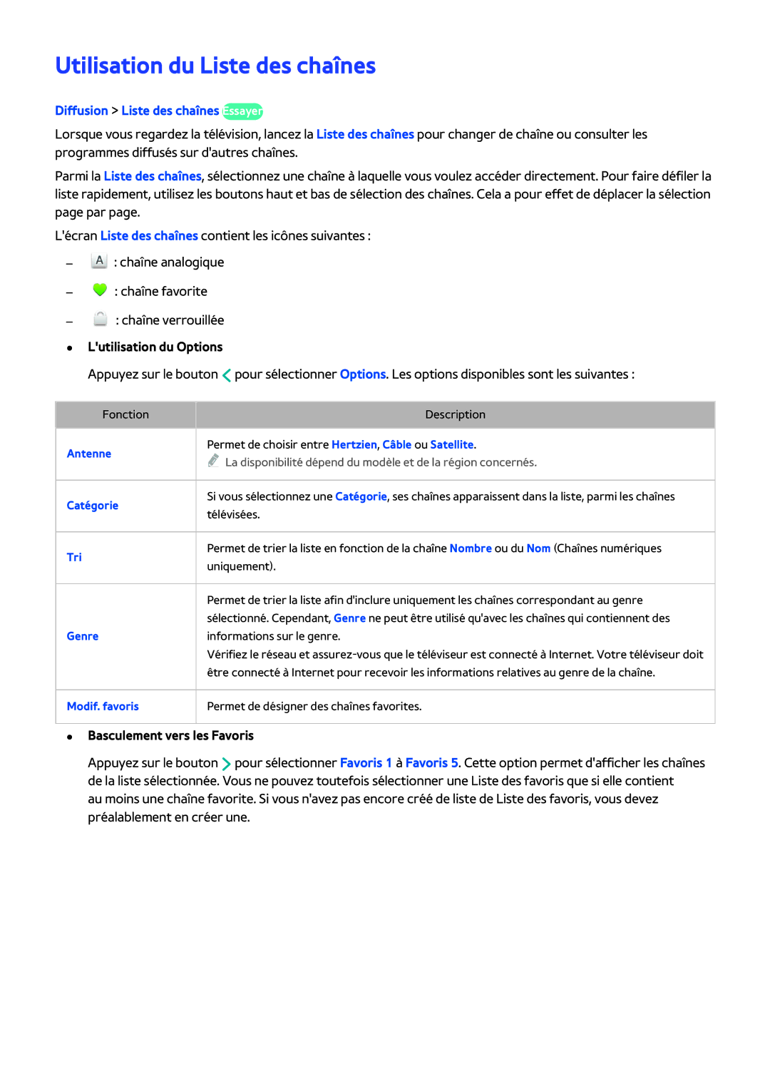 Samsung UE58H5203AWXZF Utilisation du Liste des chaînes, Diffusion Liste des chaînes Essayer, Lutilisation du Options 