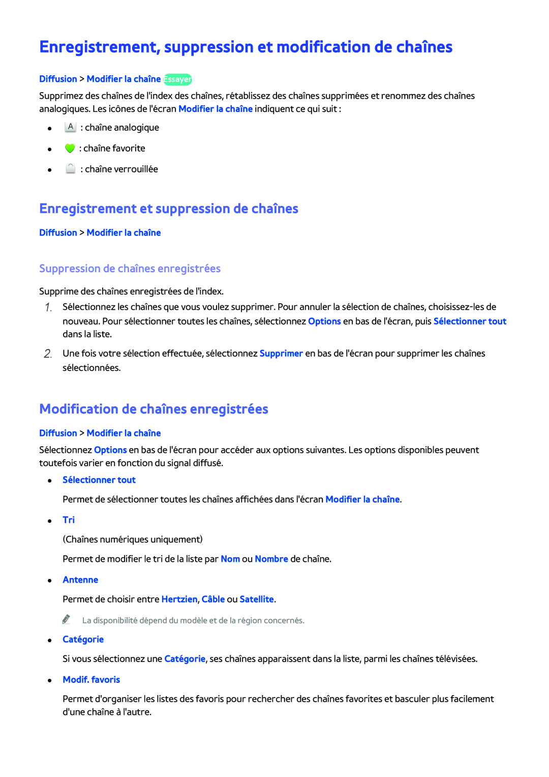 Samsung UE48H4203AWXZF Enregistrement, suppression et modification de chaînes, Enregistrement et suppression de chaînes 