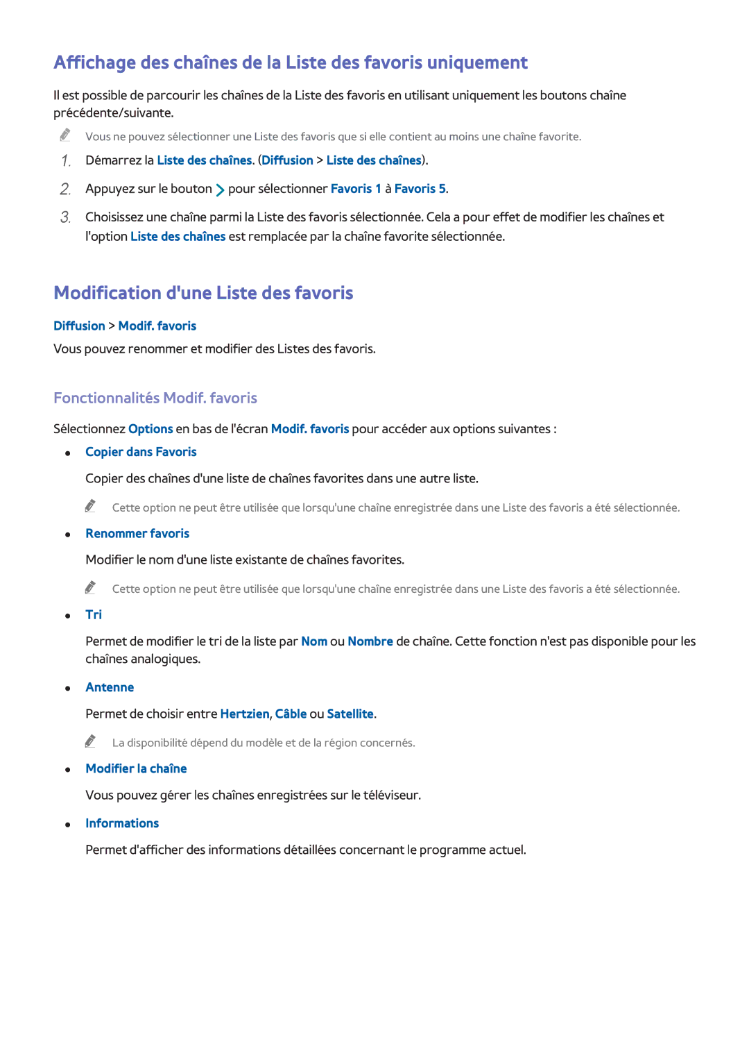 Samsung UE40H4203AWXZF manual Affichage des chaînes de la Liste des favoris uniquement, Modification dune Liste des favoris 