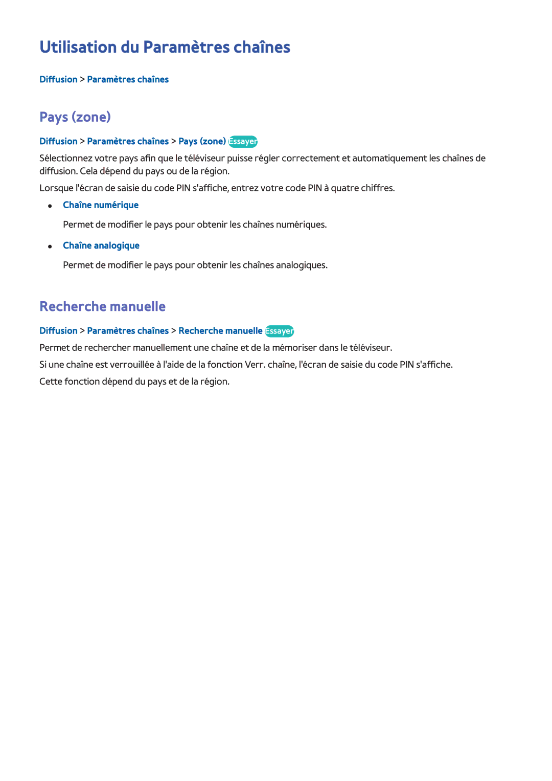 Samsung UE40H4203AWXZF, UE48H5003AWXZF, UE46H6203AWXZF Utilisation du Paramètres chaînes, Pays zone, Recherche manuelle 