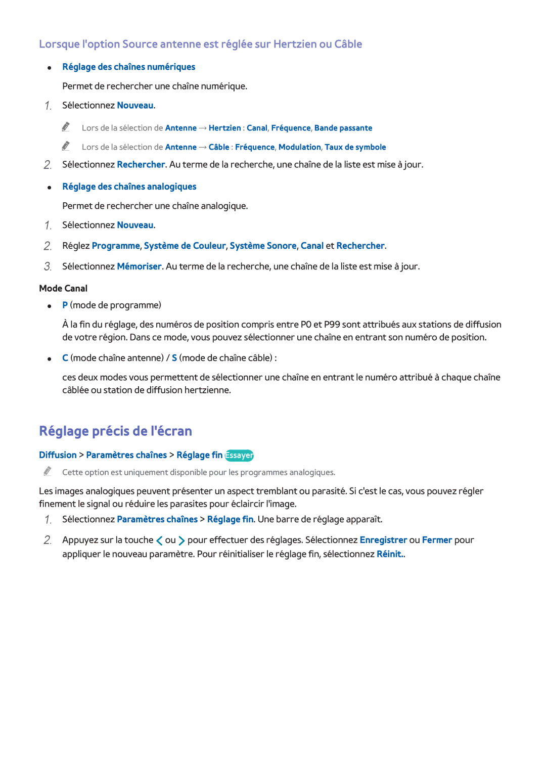 Samsung UE46H6203AWXZF manual Réglage précis de lécran, Réglage des chaînes numériques, Réglage des chaînes analogiques 