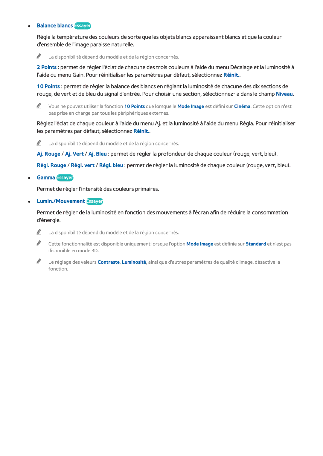 Samsung UE58J5200AWXZF, UE48H5003AWXZF, UE40H4203AWXZF, UE46H6203AWXZF manual Balance blancs Essayer, Lumin./Mouvement Essayer 