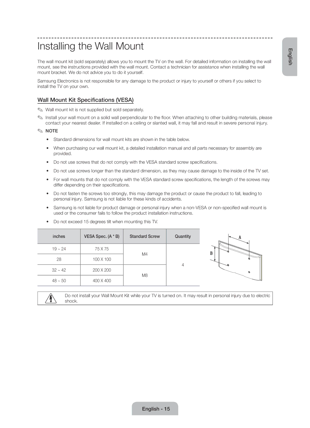 Samsung UE48H5090ASXZG manual Installing the Wall Mount, Wall Mount Kit Specifications Vesa, Standard Screw Quantity 