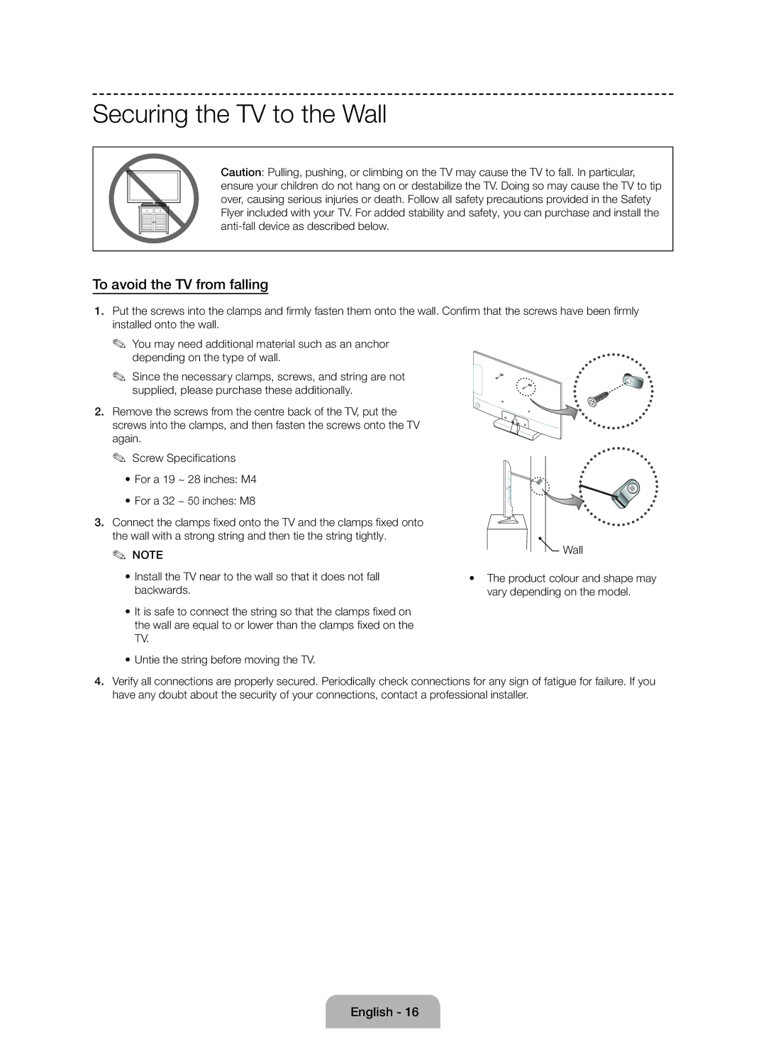 Samsung UE24H4070ASXZG, UE48H5090ASXZG, UE24H4070ASXTK manual Securing the TV to the Wall, To avoid the TV from falling 