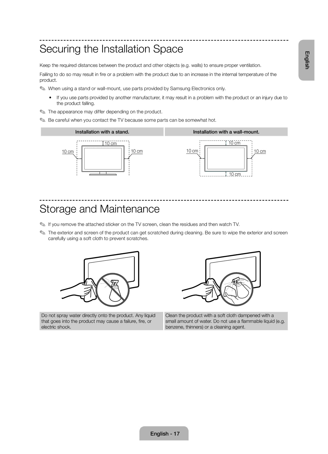 Samsung UE24H4070ASXTK manual Securing the Installation Space, Storage and Maintenance, Installation with a stand 10 cm 