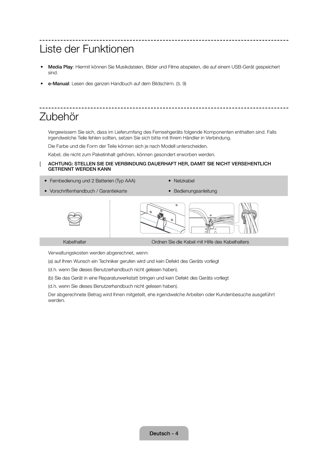 Samsung UE24H4070ASXTK, UE48H5090ASXZG, UE24H4070ASXZG manual Liste der Funktionen, Zubehör, Kabelhalter, Bedienungsanleitung 