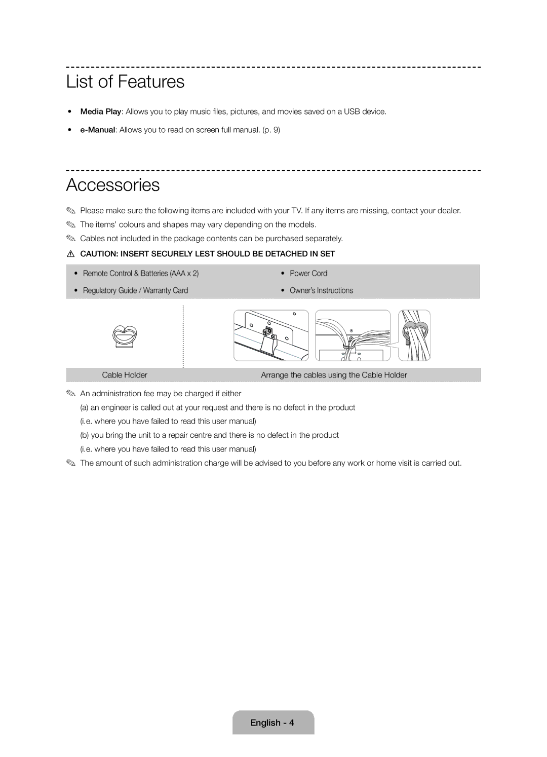 Samsung UE24H4070ASXZG List of Features, Accessories, Manual Allows you to read on screen full manual. p, Cable Holder 