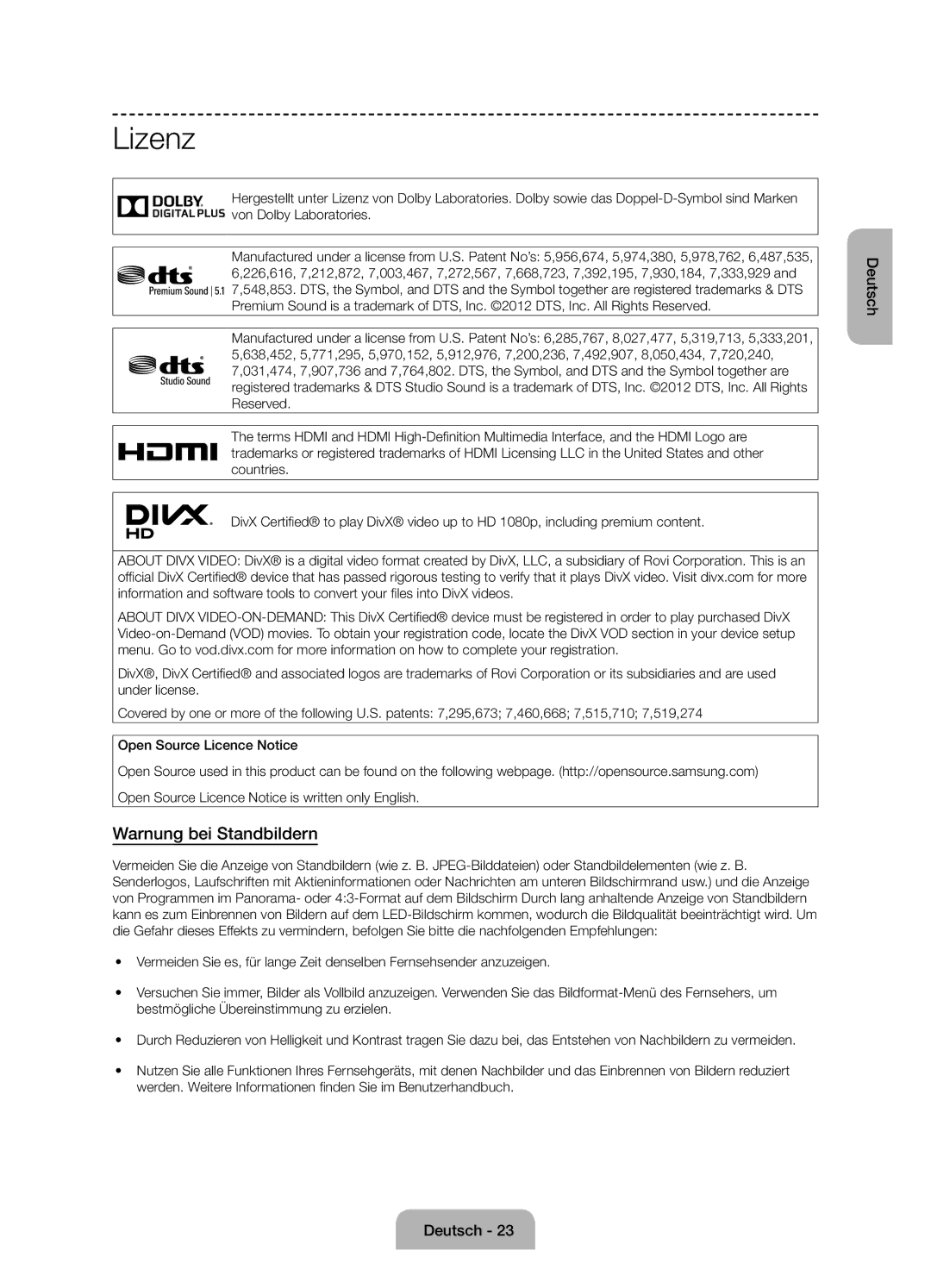 Samsung UE48H5090ASXZG, UE24H4070ASXZG, UE24H4070ASXTK manual Lizenz, Warnung bei Standbildern 