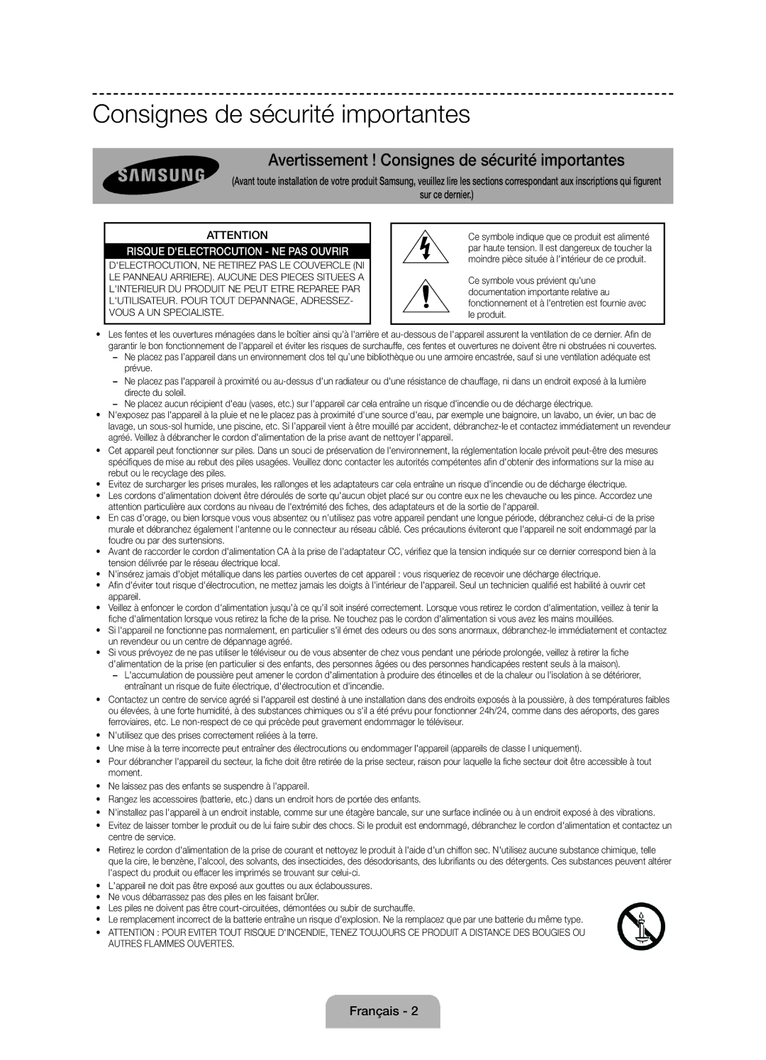 Samsung UE24H4070ASXZG, UE48H5090ASXZG, UE24H4070ASXTK manual Avertissement ! Consignes de sécurité importantes 