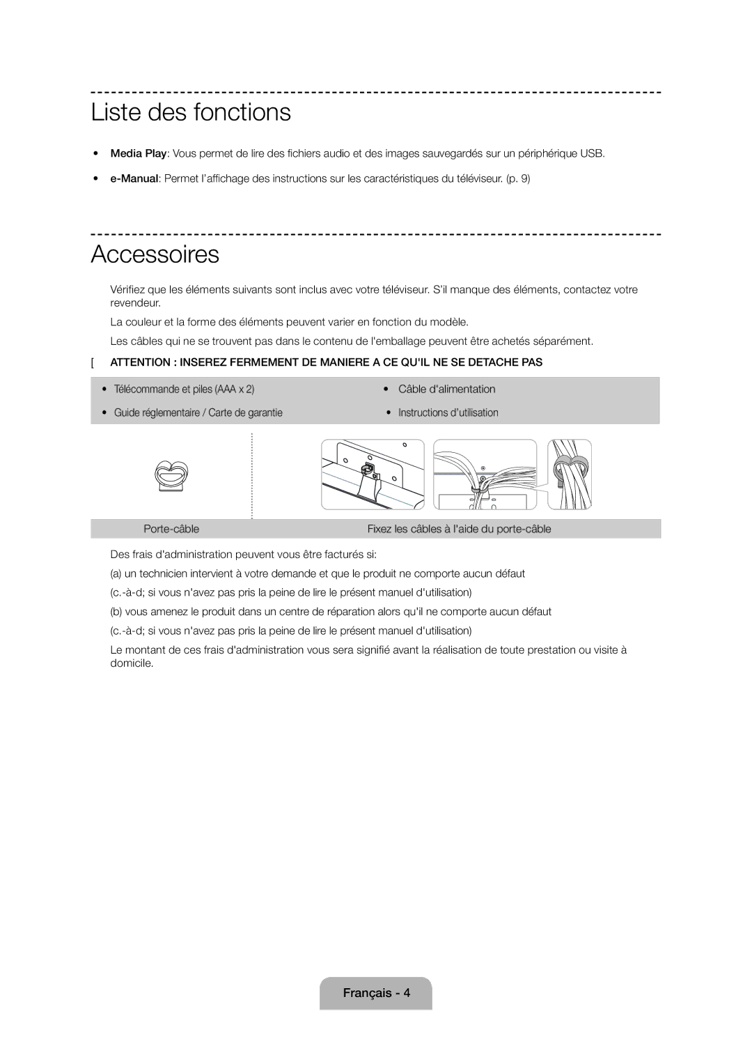 Samsung UE48H5090ASXZG, UE24H4070ASXZG, UE24H4070ASXTK Liste des fonctions, Accessoires, Caractéristiques du téléviseur. p 