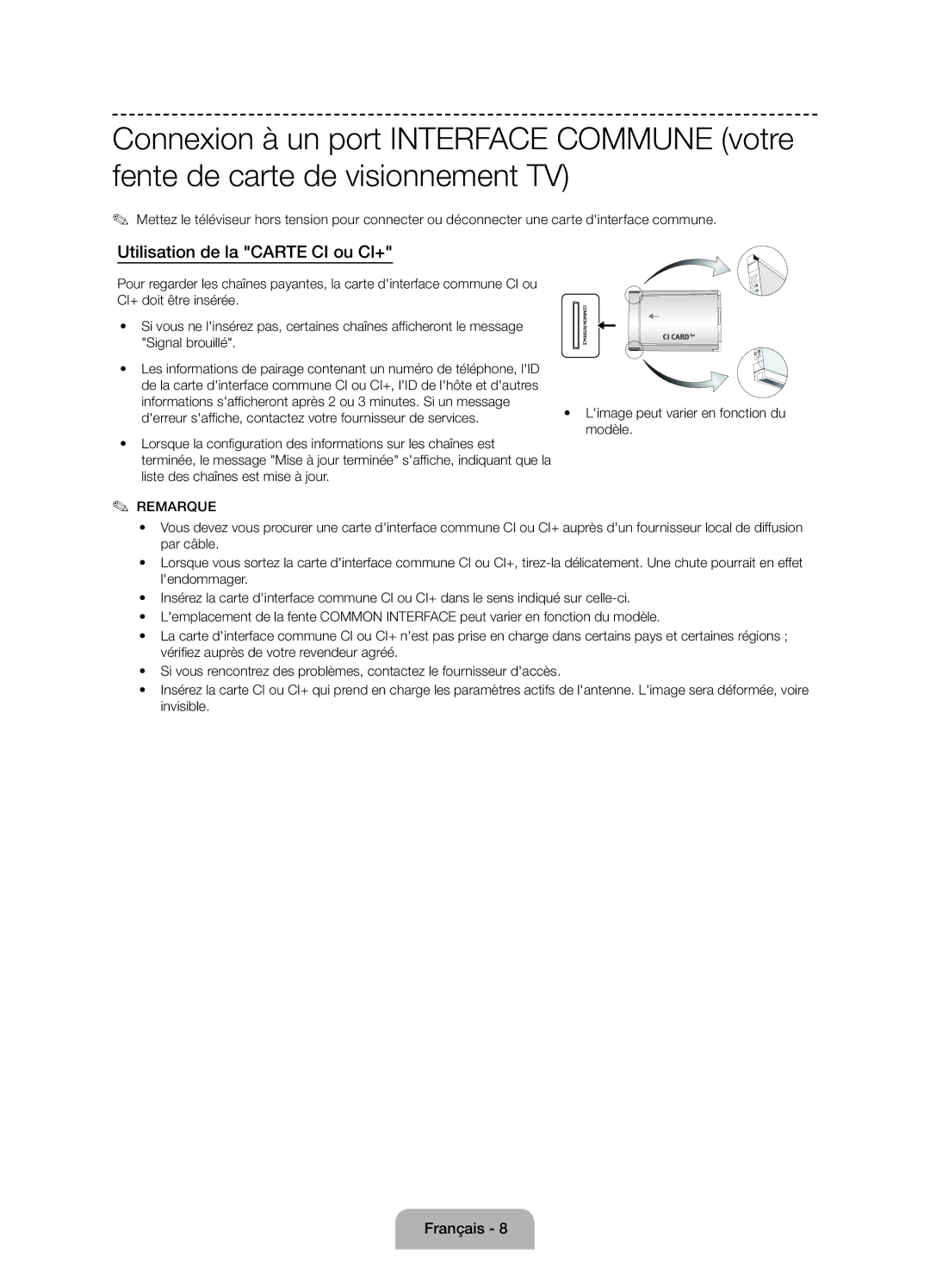 Samsung UE24H4070ASXZG, UE48H5090ASXZG, UE24H4070ASXTK manual Utilisation de la Carte CI ou CI+, Remarque 