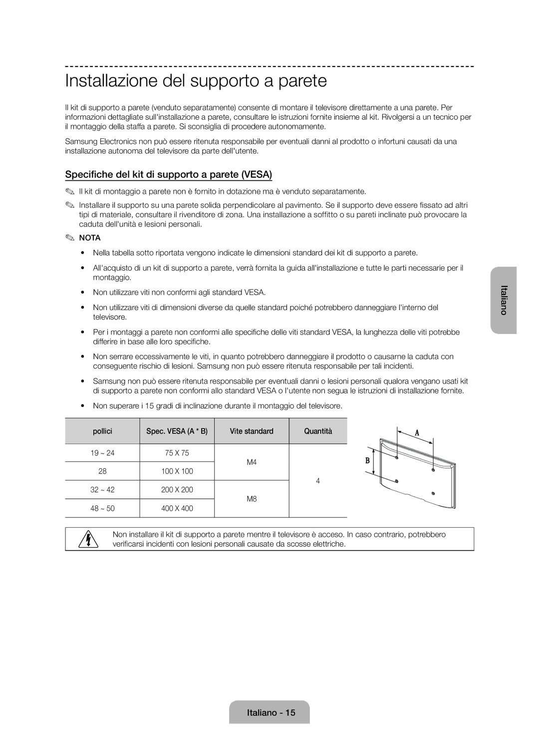 Samsung UE48H5090ASXZG, UE24H4070ASXZG Installazione del supporto a parete, Specifiche del kit di supporto a parete Vesa 