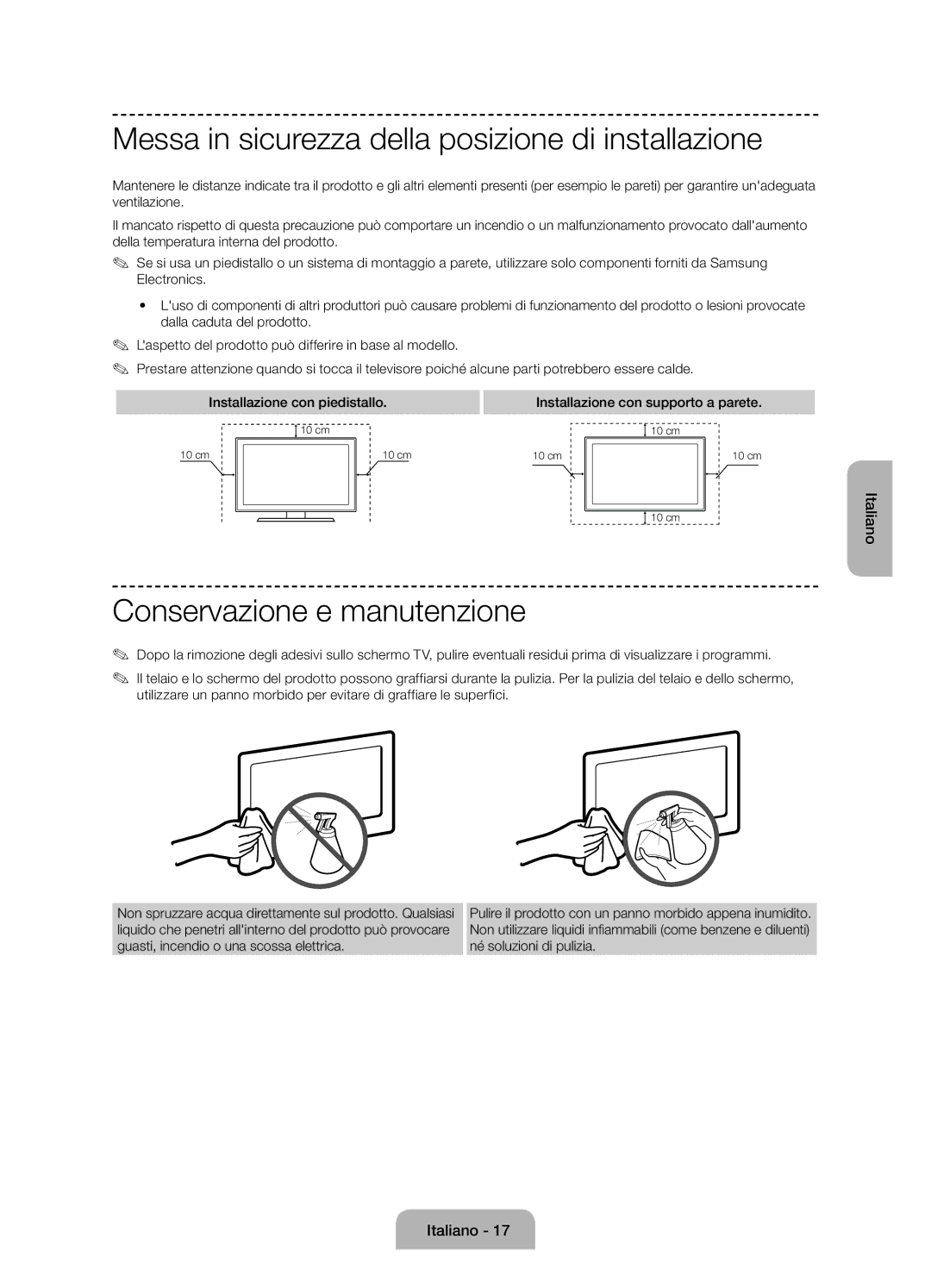 Samsung UE24H4070ASXTK, UE48H5090ASXZG Messa in sicurezza della posizione di installazione, Conservazione e manutenzione 