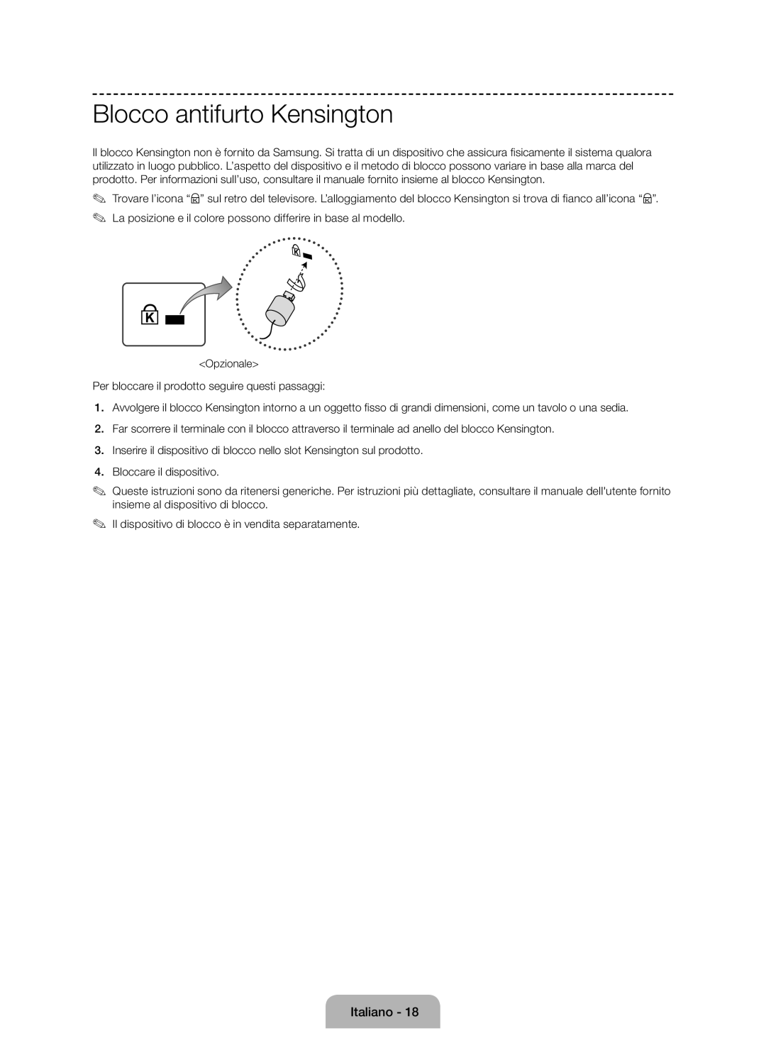 Samsung UE48H5090ASXZG, UE24H4070ASXZG, UE24H4070ASXTK manual Blocco antifurto Kensington 