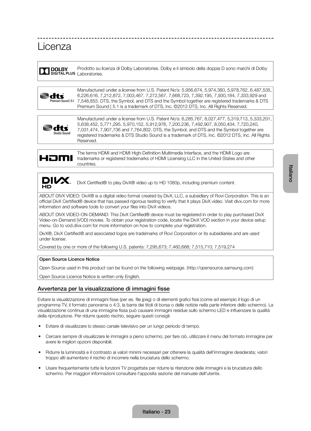 Samsung UE24H4070ASXTK, UE48H5090ASXZG, UE24H4070ASXZG manual Licenza, Avvertenza per la visualizzazione di immagini fisse 