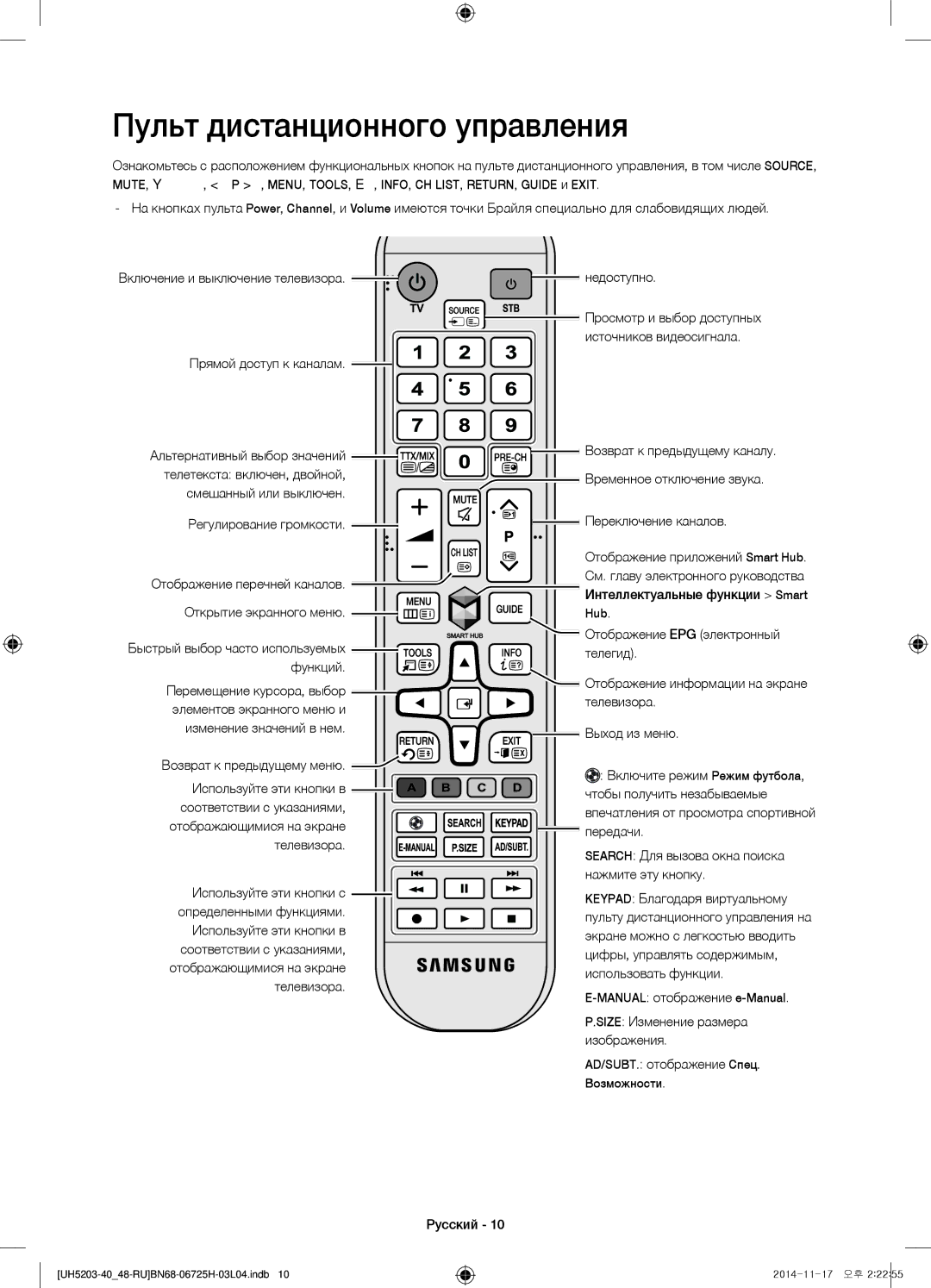 Samsung UE48H5203AKXRU, UE40H5203AKXRU manual Пульт дистанционного управления 