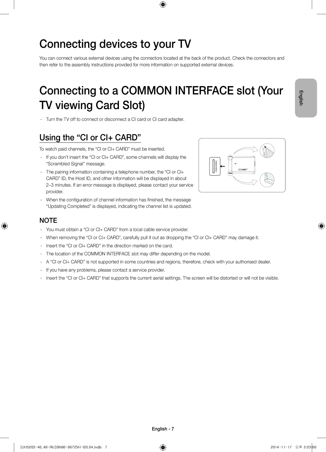 Samsung UE40H5203AKXRU, UE48H5203AKXRU manual Connecting devices to your TV, Using the CI or CI+ Card 