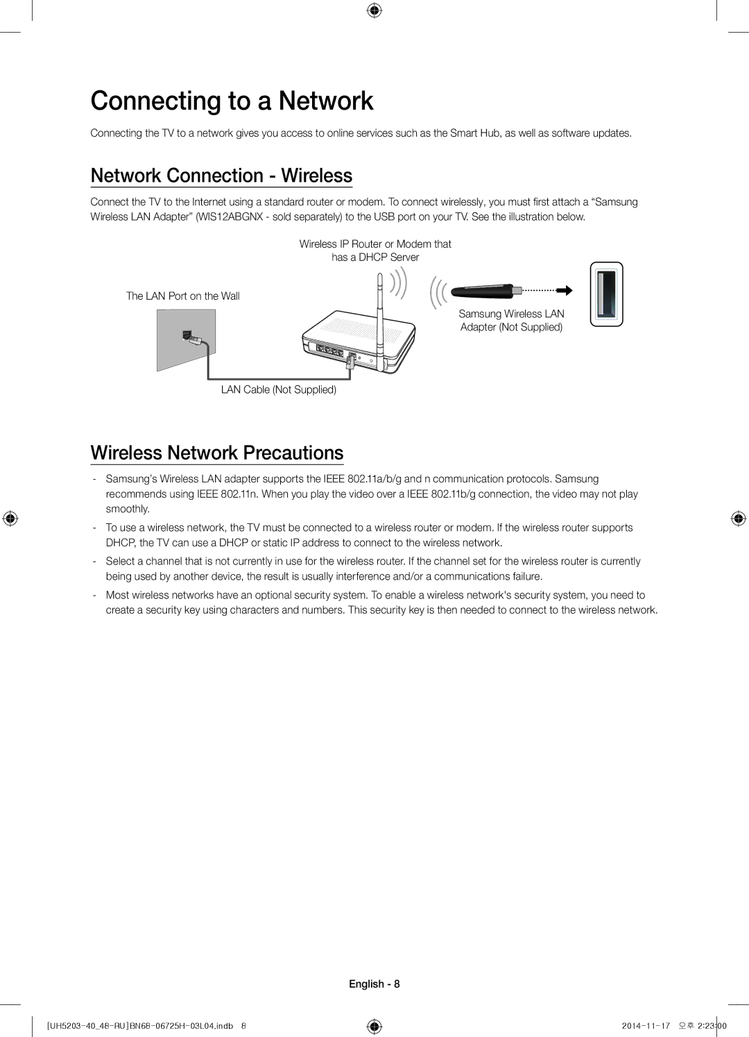 Samsung UE48H5203AKXRU, UE40H5203AKXRU Connecting to a Network, Network Connection Wireless, Wireless Network Precautions 