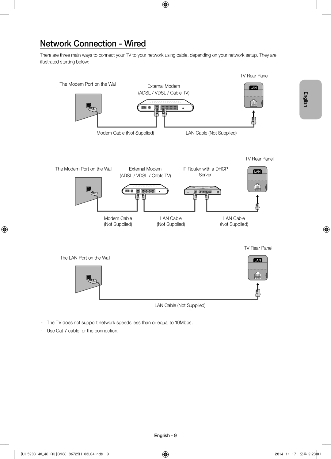 Samsung UE40H5203AKXRU, UE48H5203AKXRU manual Network Connection Wired 