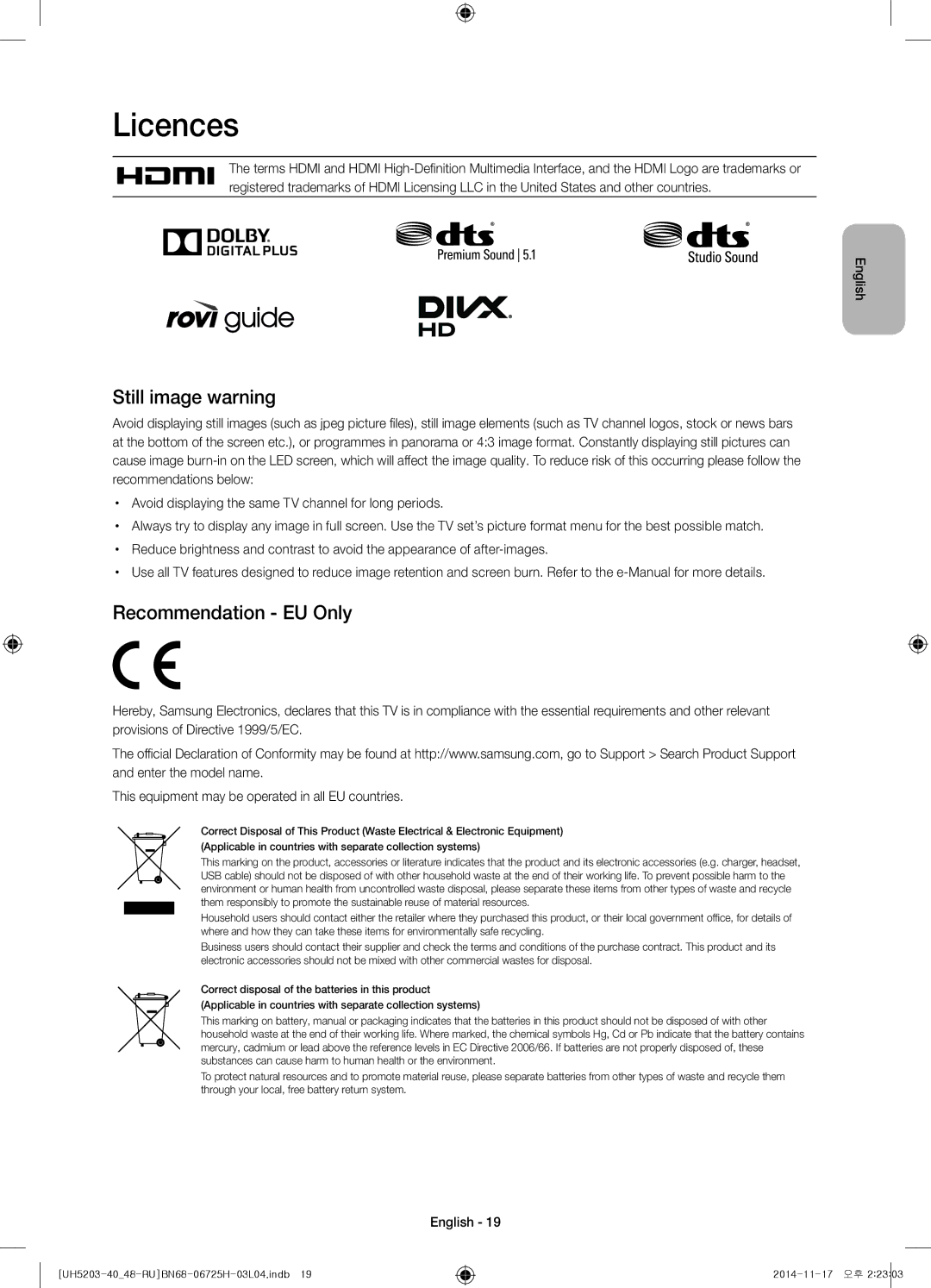 Samsung UE40H5203AKXRU, UE48H5203AKXRU manual Licences, Still image warning, Recommendation EU Only 