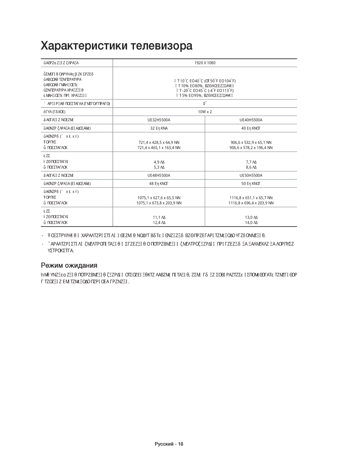 Samsung UE48H5500AKXUZ, UE40H5500AKXMS, UE32H5500AKXMS, UE32H5500AKXRU manual Характеристики телевизора, Режим ожидания 