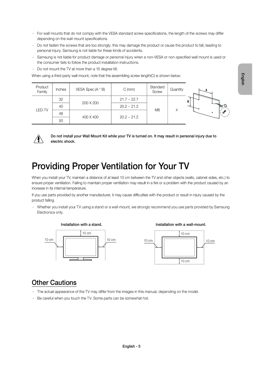 Samsung UE40H5500AKXRU, UE48H5500AKXUZ, UE40H5500AKXMS manual Providing Proper Ventilation for Your TV, Other Cautions 