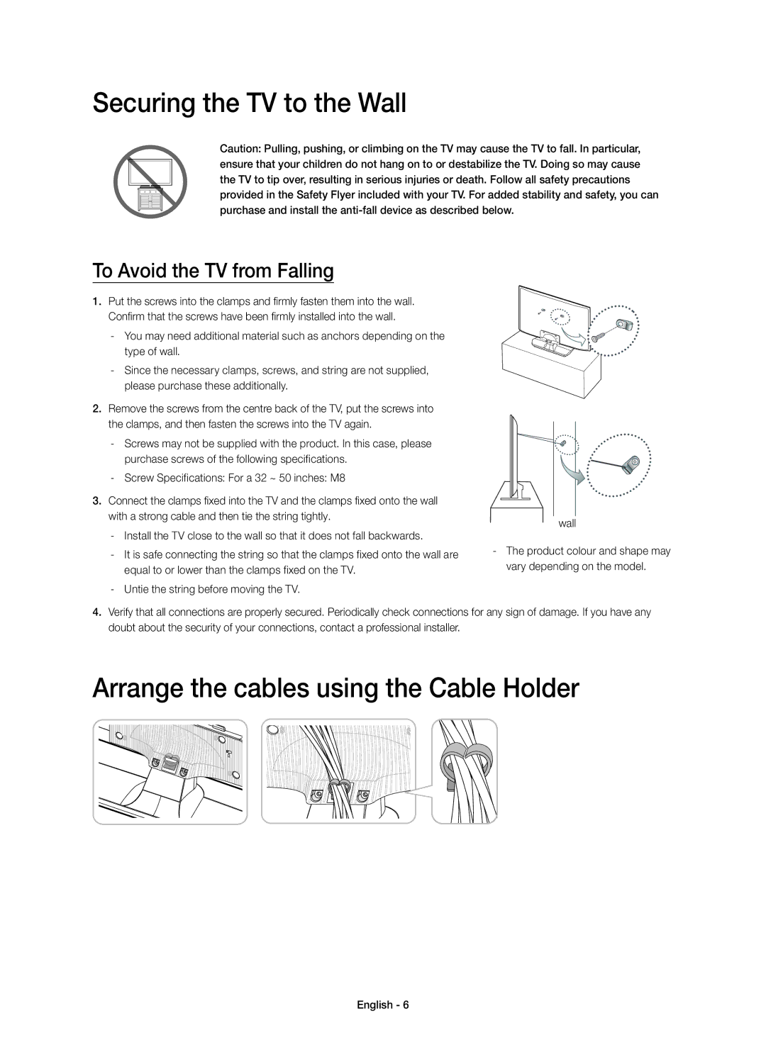 Samsung UE32H5500AKXUZ, UE48H5500AKXUZ manual Securing the TV to the Wall, Arrange the cables using the Cable Holder 