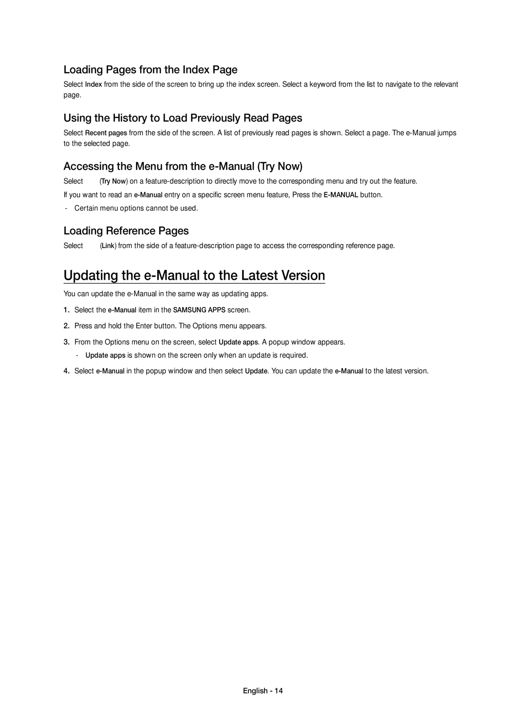 Samsung UE40H5500AKXRU Updating the e-Manual to the Latest Version, Loading Pages from the Index, Loading Reference Pages 