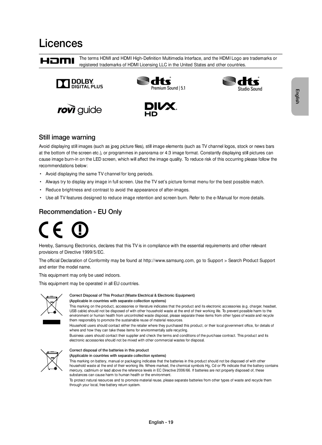 Samsung UE32H5500AKXRU, UE48H5500AKXUZ, UE40H5500AKXMS, UE32H5500AKXMS Licences, Still image warning, Recommendation EU Only 