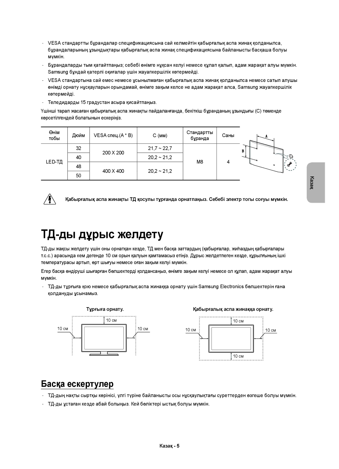 Samsung UE40H5500AKXMS, UE48H5500AKXUZ, UE48H5510AKXRU, UE40H5510AKXRU, UE32H5500AKXMS ТД-ды дұрыс желдету, Басқа ескертулер 