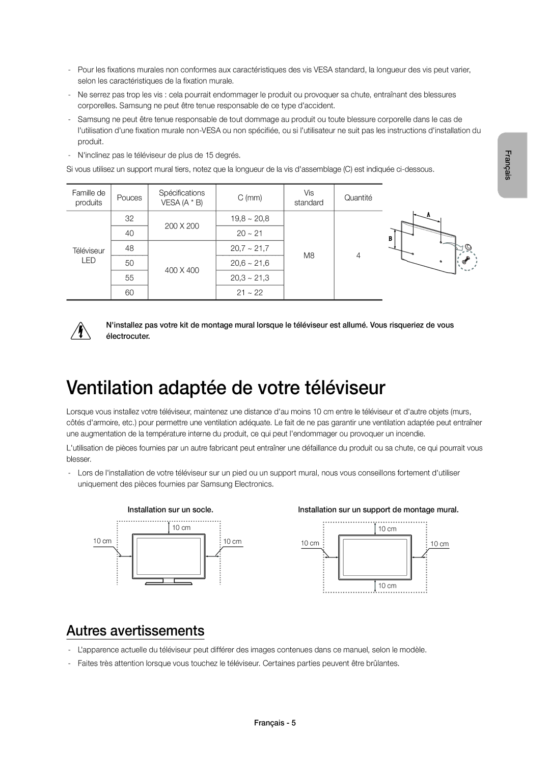 Samsung UE48H6200AWXXC manual Ventilation adaptée de votre téléviseur, Autres avertissements, 19,8 ~ 20,8, 20,7 ~ 21,7 