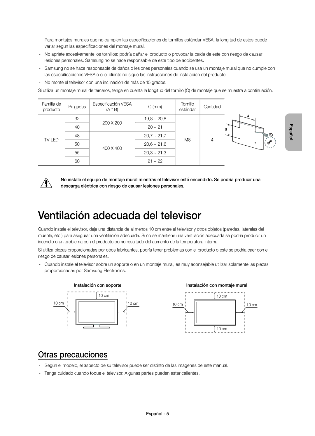 Samsung UE40H6200AWXXC, UE48H6200AWXXH Ventilación adecuada del televisor, Otras precauciones, 20,7 ~ 21,7 20,6 ~ 21,6 