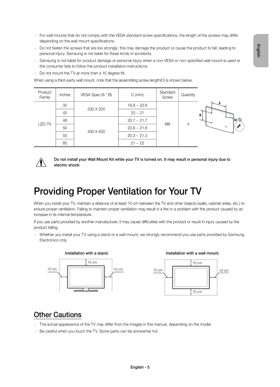 Samsung UE55H6200AWXXC, UE48H6200AWXXH, UE40H6200AWXXC Providing Proper Ventilation for Your TV, Other Cautions, 19.8, 20.7 