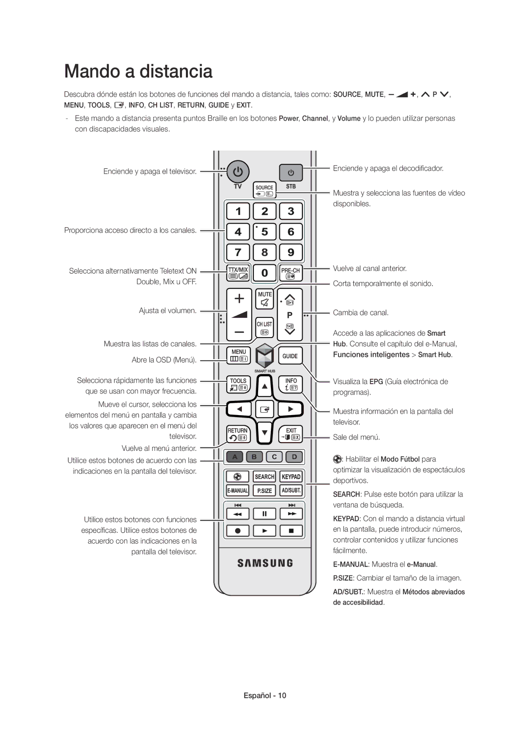 Samsung UE32H6200AWXXC manual Mando a distancia, Disponibles, Vuelve al canal anterior, Size Cambiar el tamaño de la imagen 