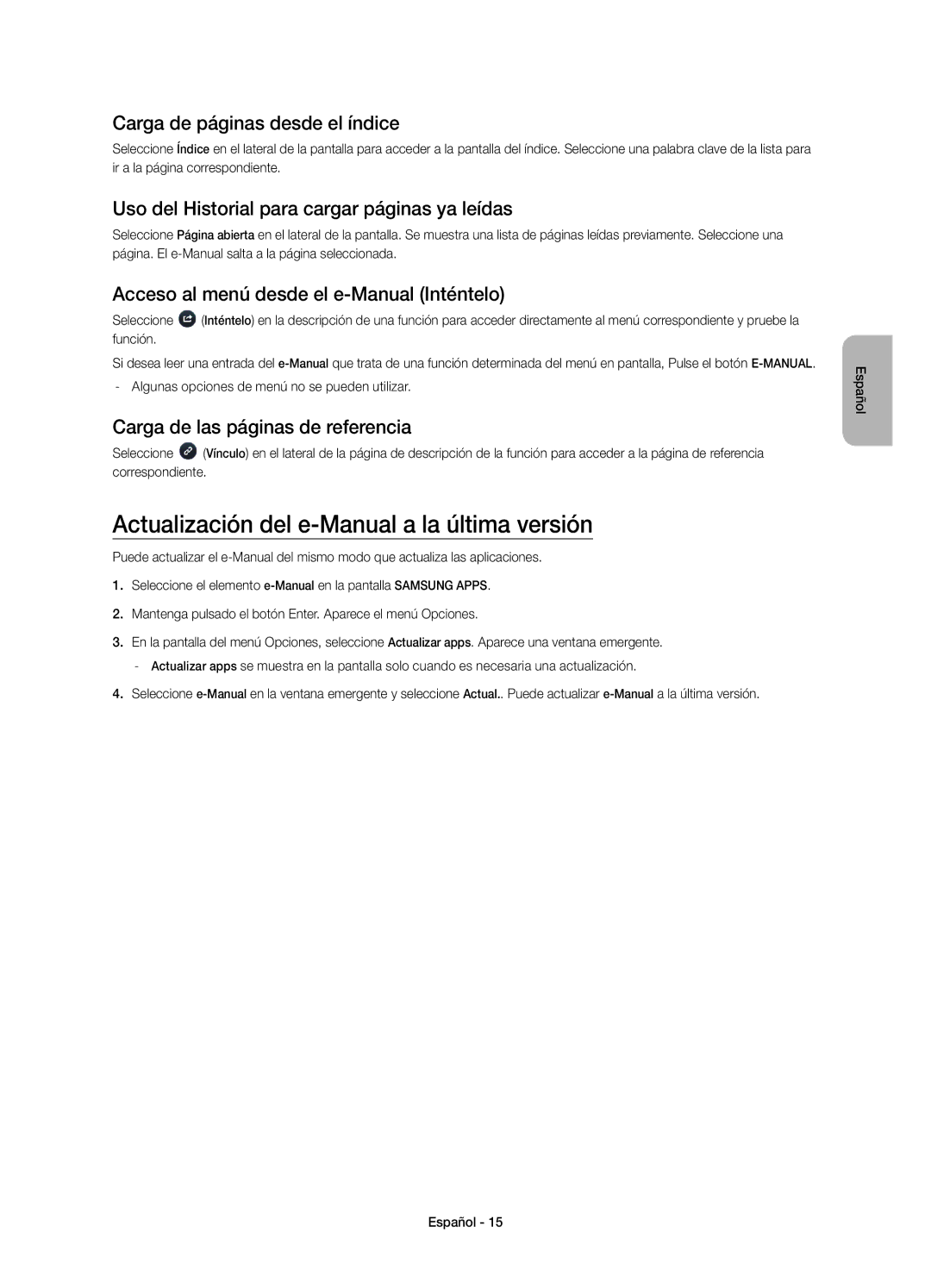 Samsung UE48H6200AWXXH, UE40H6200AWXXC Actualización del e-Manual a la última versión, Carga de páginas desde el índice 