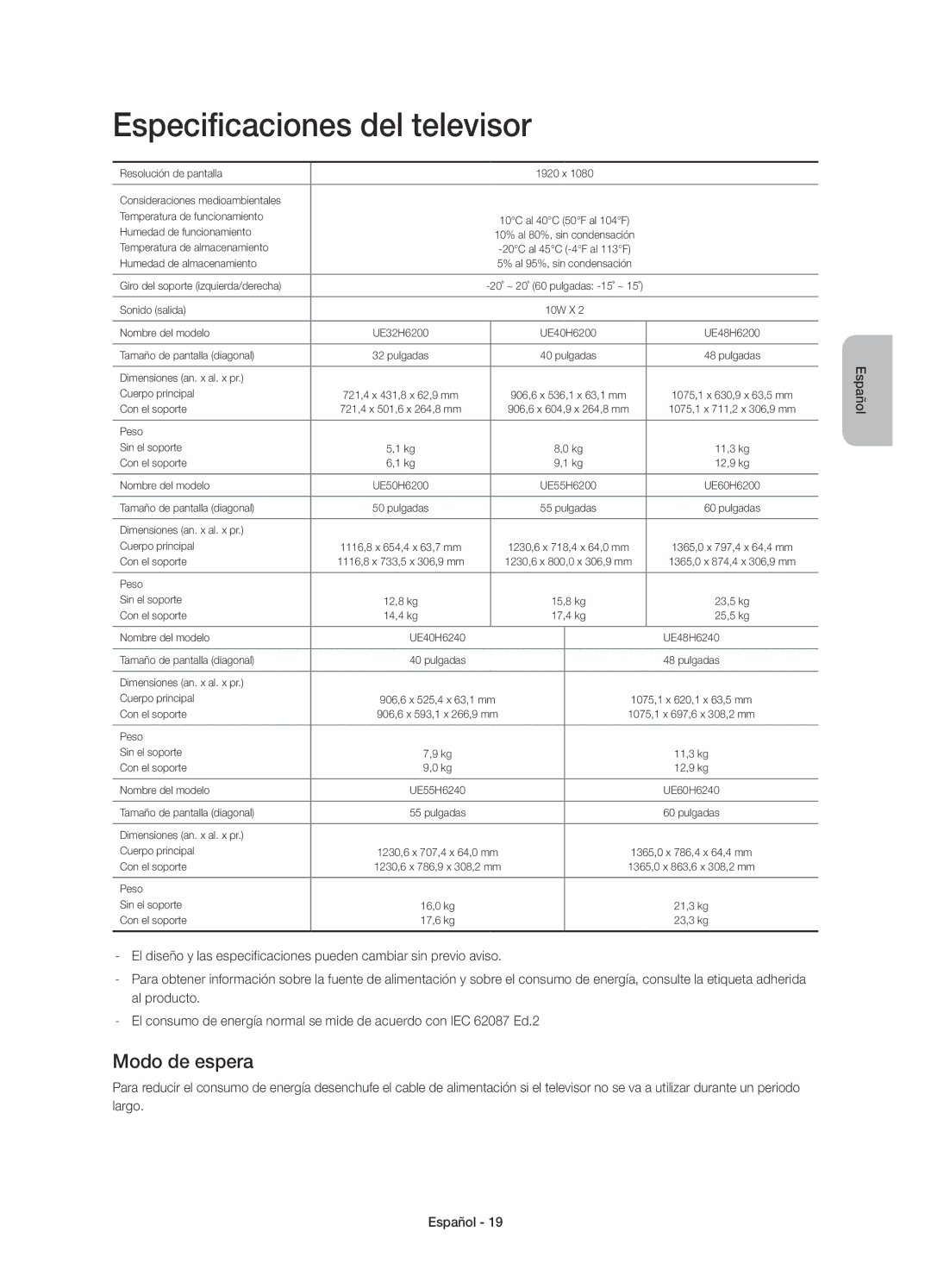 Samsung UE40H6240AWXXC, UE48H6200AWXXH, UE40H6200AWXXC, UE40H6200AWXXH manual Especificaciones del televisor, Modo de espera 