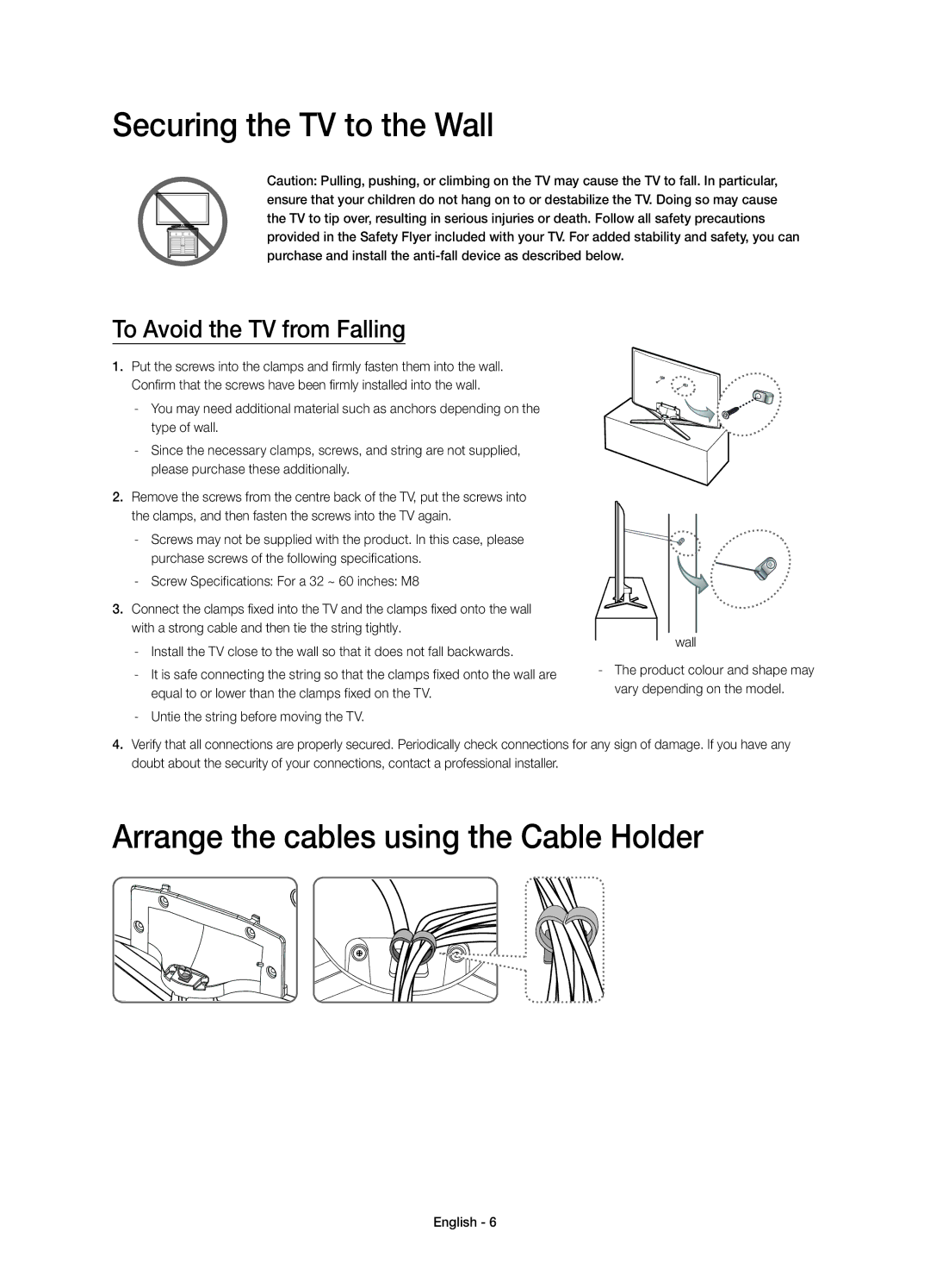 Samsung UE32H6200AWXXC, UE48H6200AWXXH manual Securing the TV to the Wall, Arrange the cables using the Cable Holder 