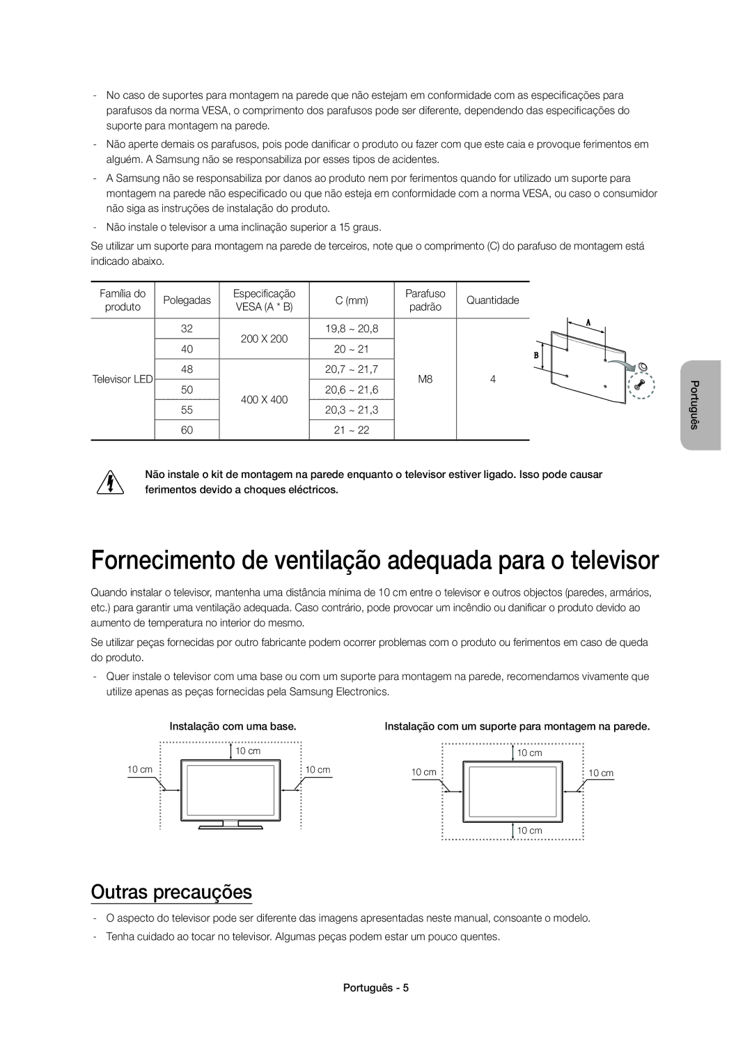 Samsung UE60H6200AWXXC, UE48H6200AWXXH manual Fornecimento de ventilação adequada para o televisor, Outras precauções 