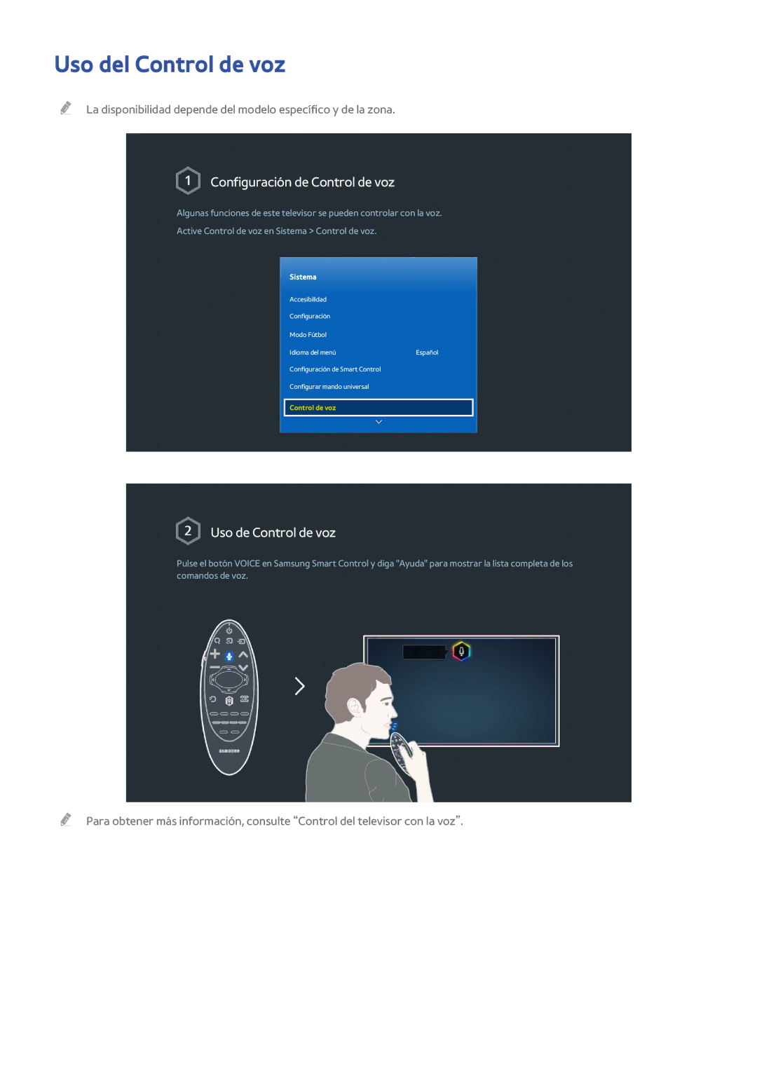 Samsung UE55H6400AWXXH, UE48H6200AWXXH, UE40H6410SSXXC manual Uso del Control de voz, Configuración de Control de voz 