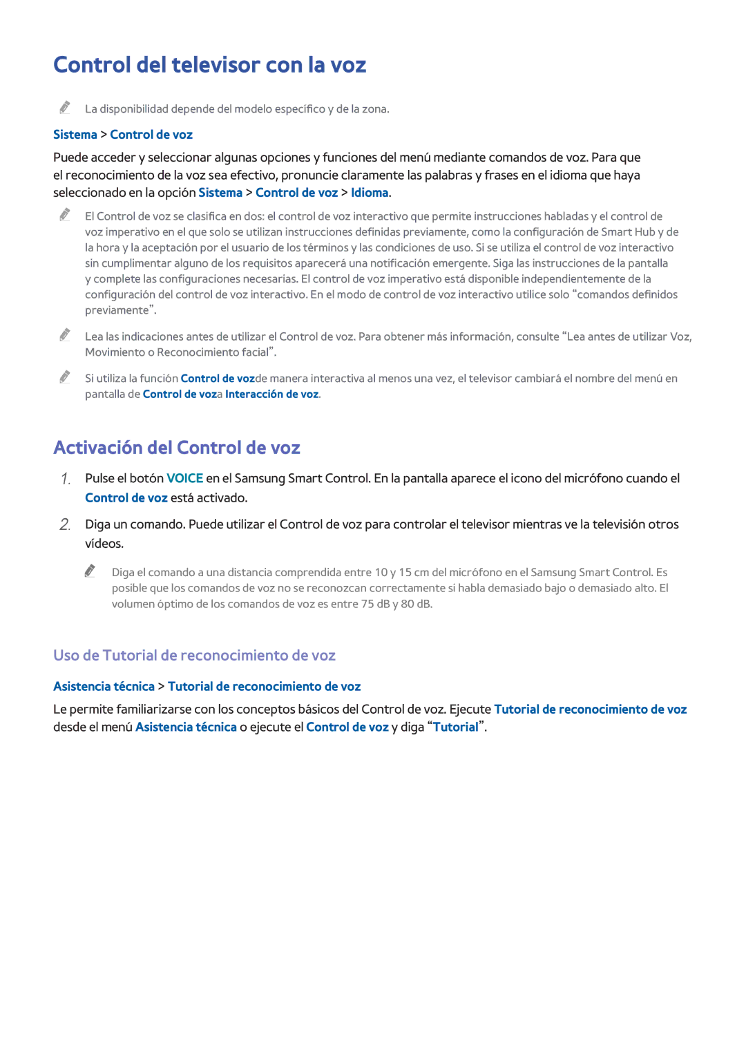 Samsung UE48H6400AWXXC manual Control del televisor con la voz, Activación del Control de voz, Sistema Control de voz 