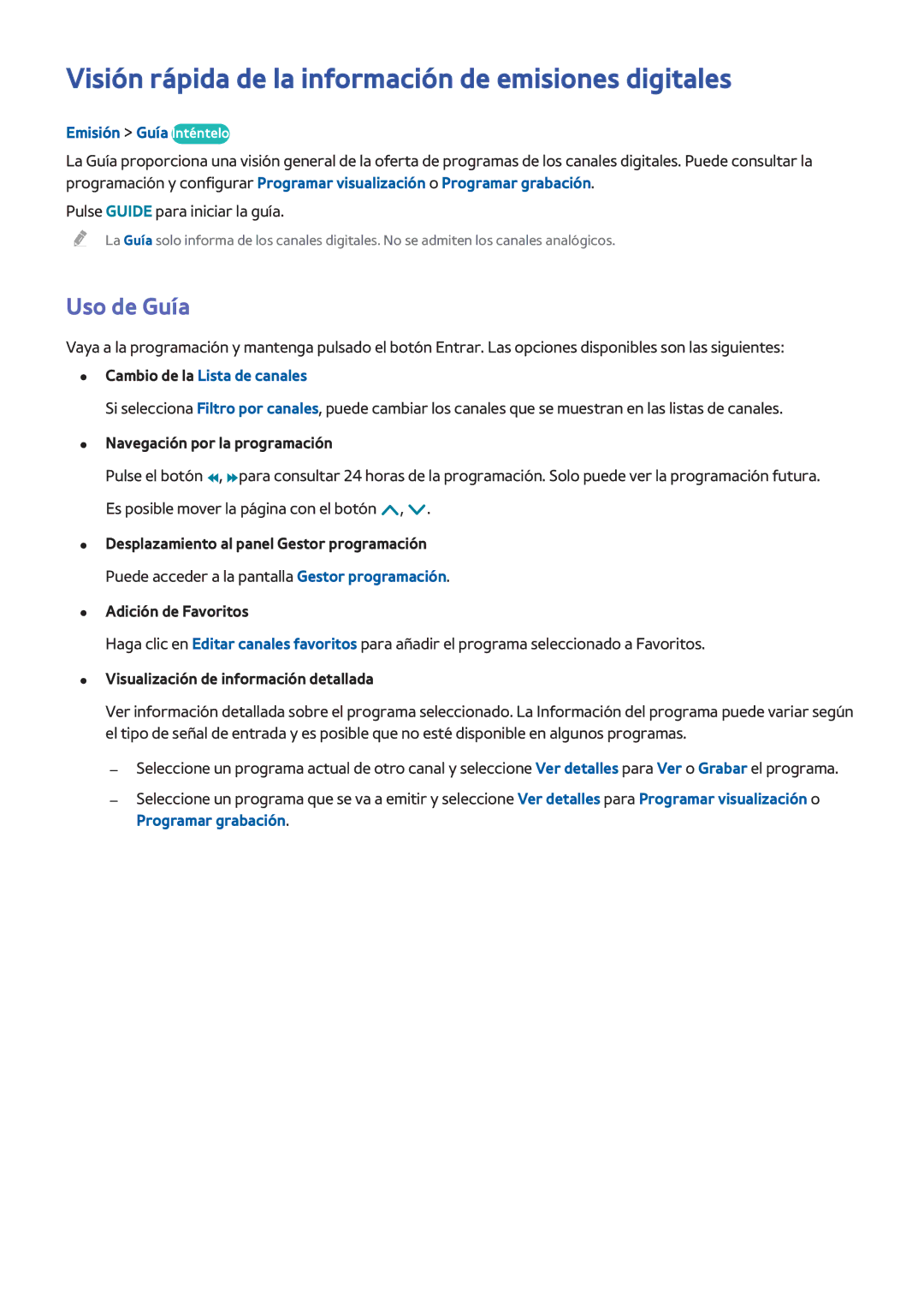 Samsung UE55H6240AWXXC manual Visión rápida de la información de emisiones digitales, Uso de Guía, Emisión Guía Inténtelo 