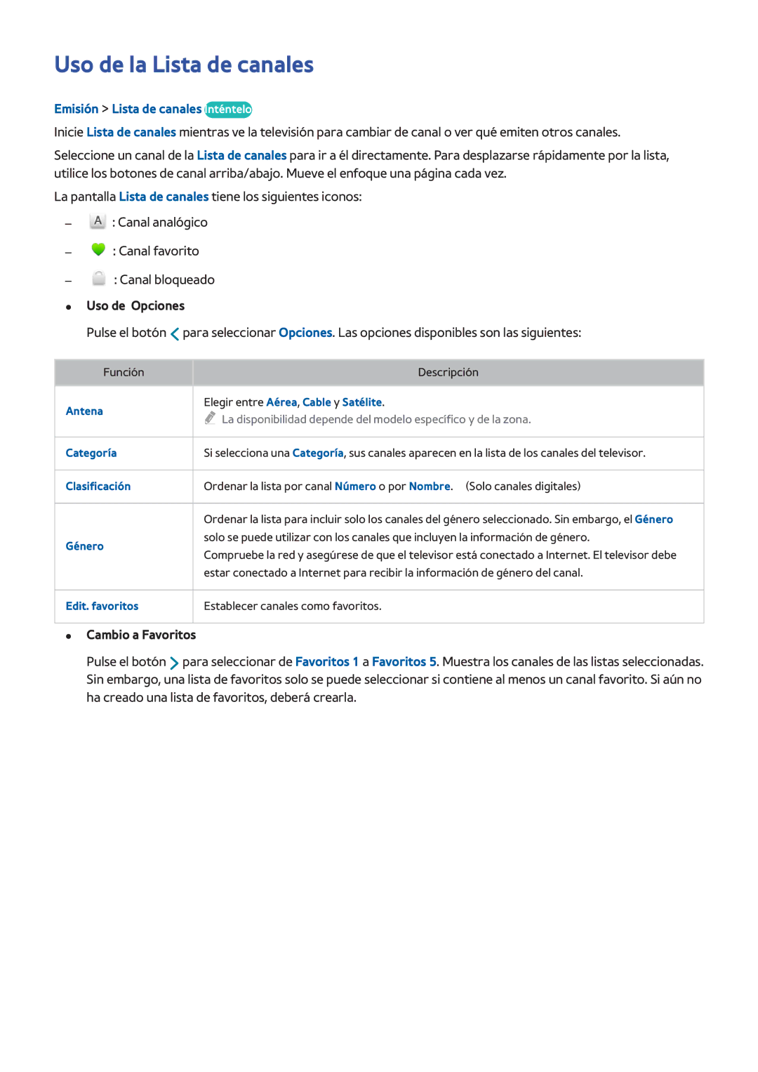 Samsung UA60H6400AKXKE Uso de la Lista de canales, Emisión Lista de canales Inténtelo, Uso de Opciones, Cambio a Favoritos 