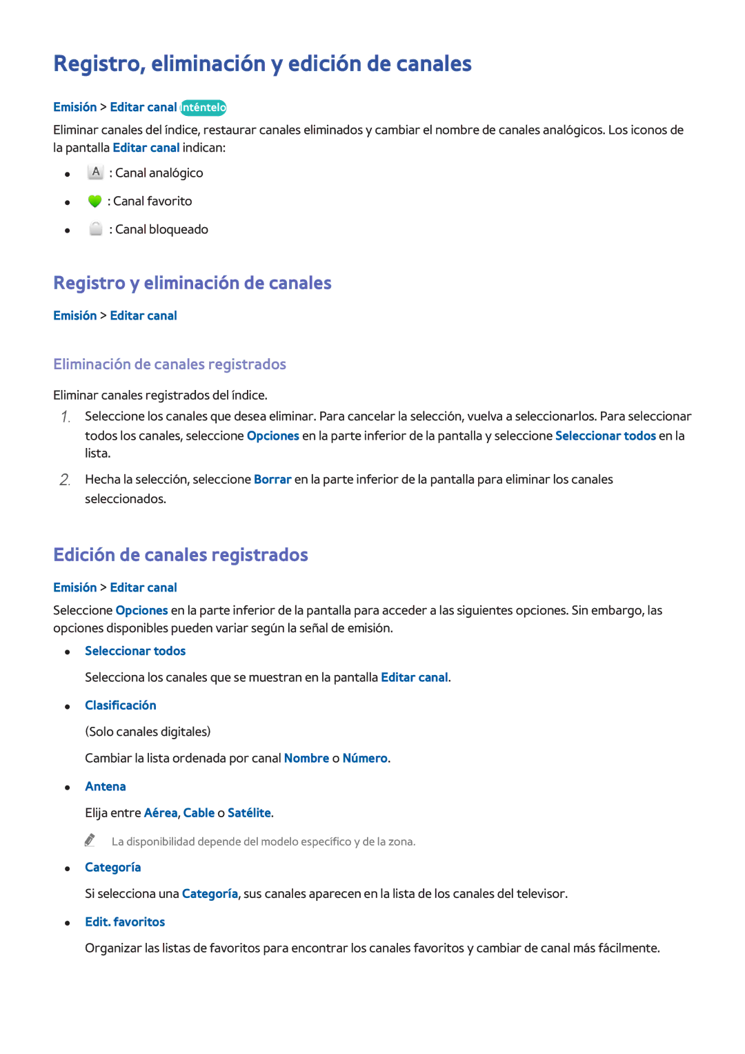 Samsung UE40H5570SSXXC, UE48H6200AWXXH manual Registro, eliminación y edición de canales, Registro y eliminación de canales 